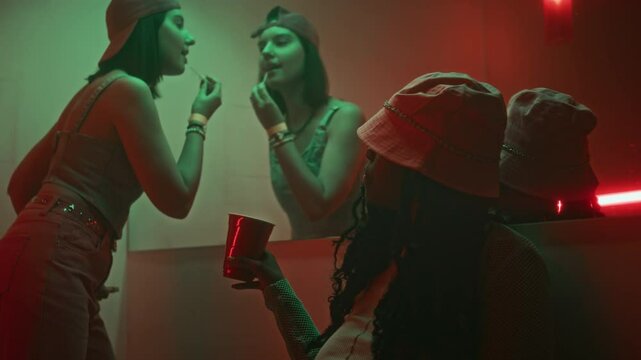 Side handheld shot of young woman in y2k outfit applying lip gloss in front of mirror and lady in bucket hat drinking alcohol from paper cup while resting in nightclub restroom with neon lights