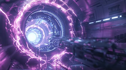 Futuristic spaceship interior with glowing energy portal control panels and a robotic arm