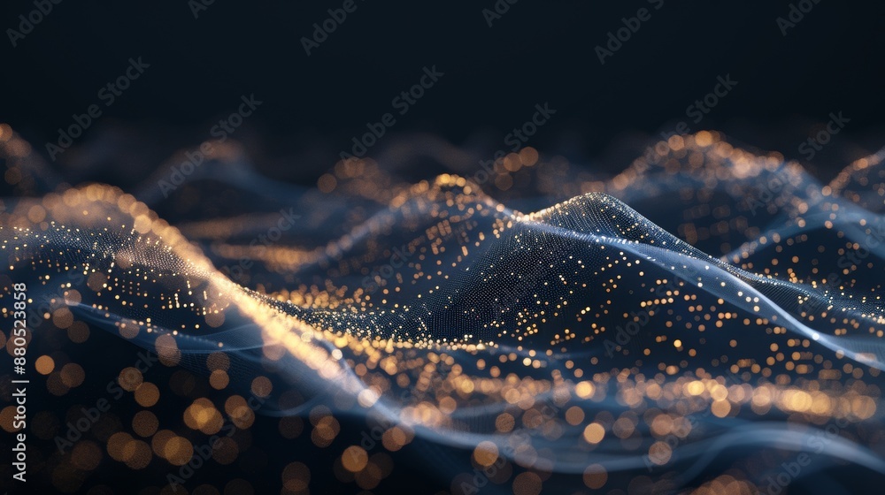 Poster a wave of particles on a dark background with connecting dots and lines in an abstract futuristic ba