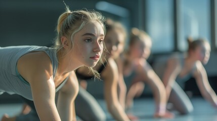 Female dancer stretching during practice