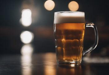 Fresh beer in a large glass with subtle backlighting and mist on a dark backdrop