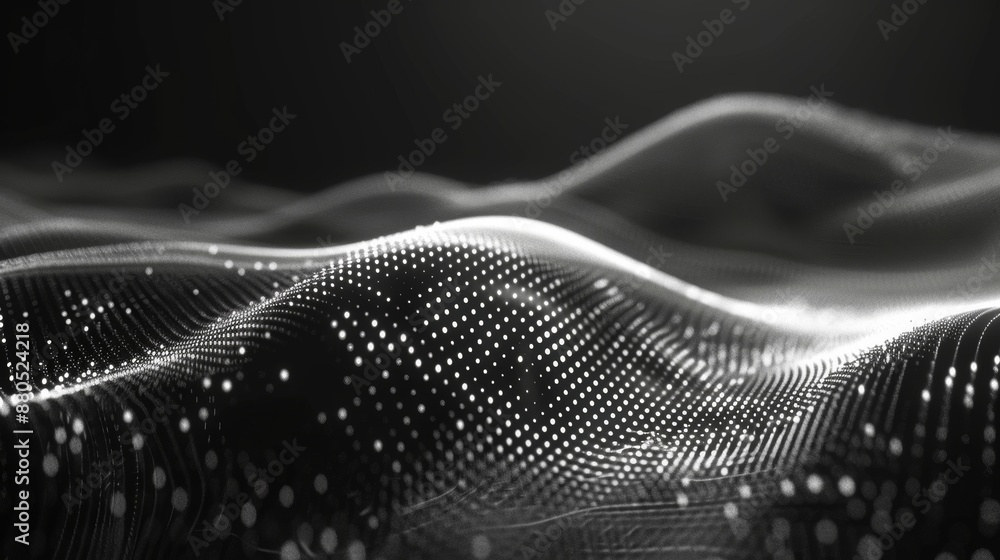 Poster in 3d, a wave of particles is rendered on top of a white abstract futuristic background. the wave is