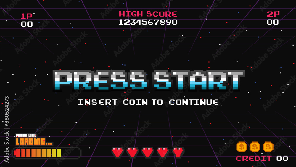Poster set of arcade.pixel art .8 bit game.retro game. for game assets in vector illustrations.retro futuri