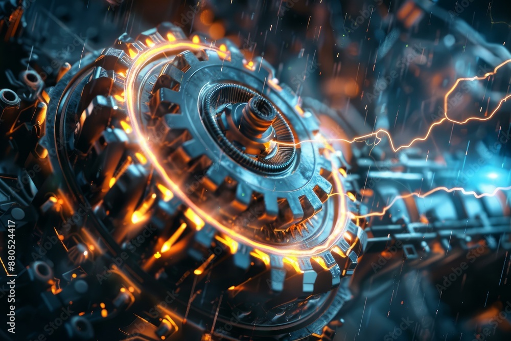 Poster complex mechanism is generating energy with lightning sparks and rotating gears