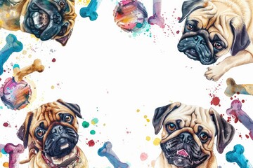 Obraz premium Colorful illustration of pug dogs and toys with a white center space, perfect for pet-themed designs or backgrounds.