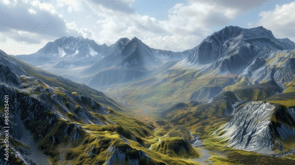 Poster a scenic view of a valley with mountains in the background, suitable for use in travel or nature-the