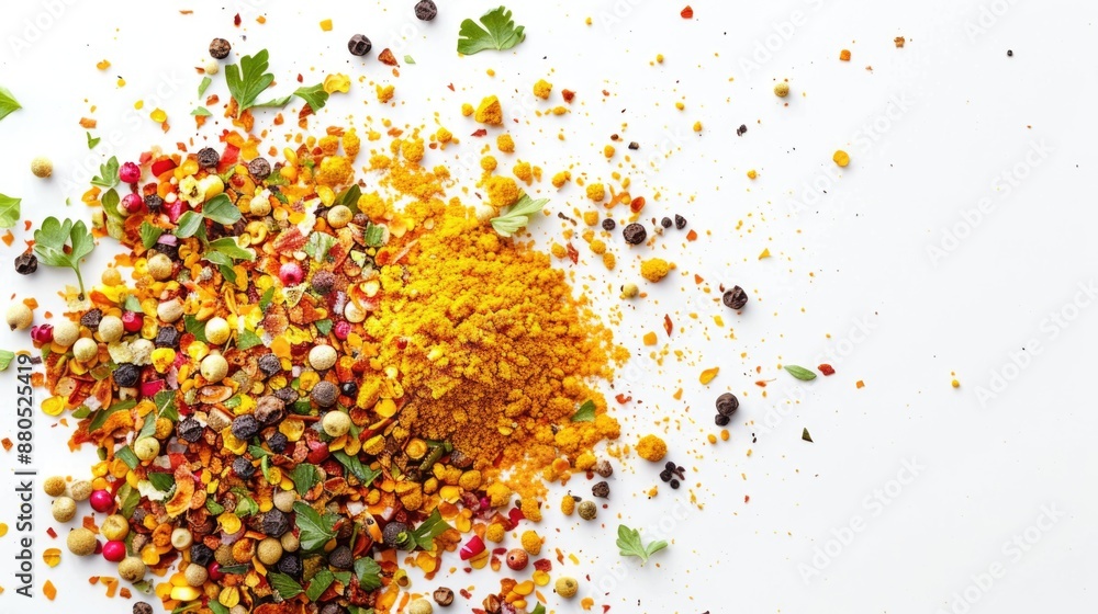 Poster a collection of various spices and herbs arranged on a clean white surface