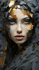 Minimal Art Of A Beautiful Female Portrait Mix with Gold And Dark Grey Wall Background