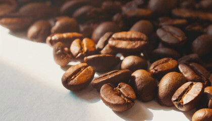 Fototapeta premium A heap of roasted coffee beans on a white table.