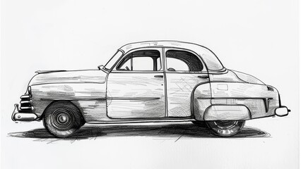 rough, sketch, pencil drawing, white background, old fashioned car, side angle, minimal