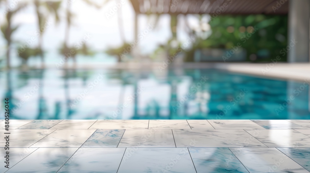 Poster blurred background of swimming pool with marble table in front
