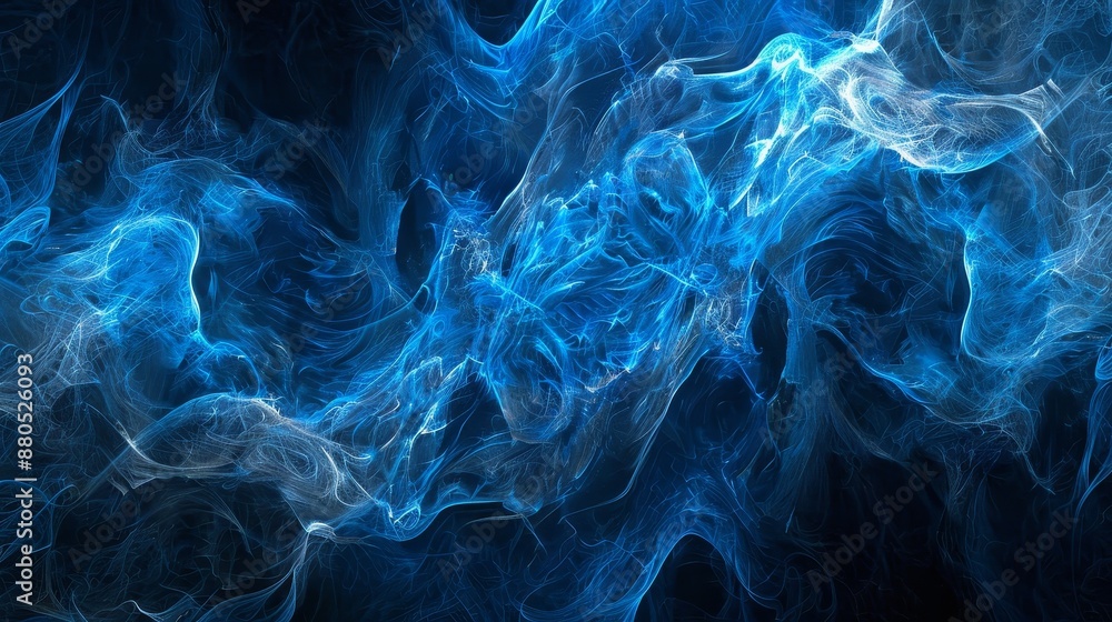 Poster blue abstract texture on black background. curves and blurs pattern. fractal graphics. science and t
