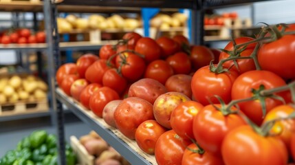 Shelves filled with ripe tomatoes and potatoes in a modern warehouse, high-resolution, realistic photo, vibrant colors, industrial background, focus cover all object