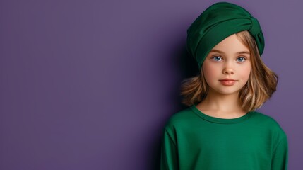 Stylish teen girl in green attire, presenting empty space, set against a purple backdrop, realistic high-res portrait, focus cover all object