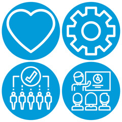 Vector Icons Set: Heart, Gear, Team Organization, Presentation