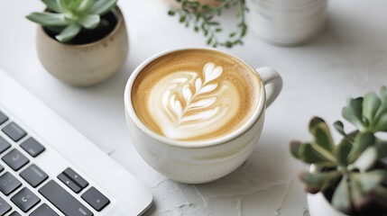 Latte Art Coffee with Succulents and Laptop