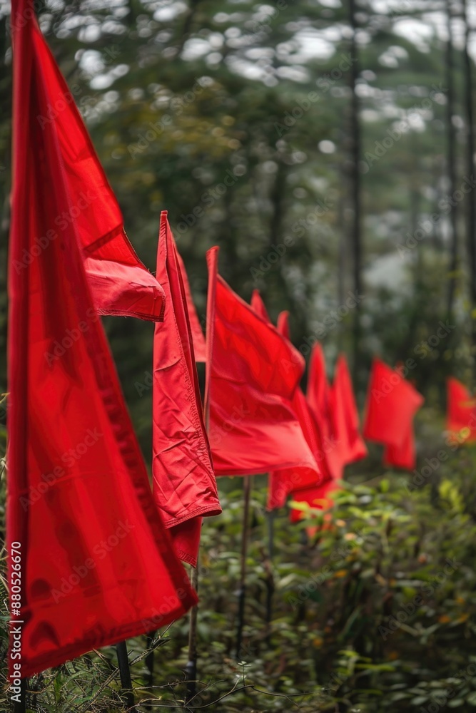 Aufkleber A group of red flags situated in the midst of a dense forest, possibly indicating a warning or marking a boundary
