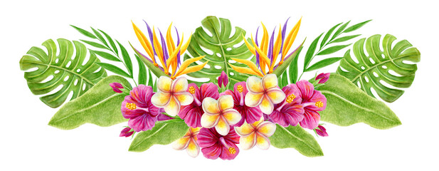 Tropical  flowers and greenery bouquet. Hand drawn watercolor painting with Hibiscus flowers and palm leaves isolated on white background. Design element. Aloha greeting. © Marisha