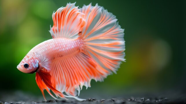 Close-up of a beautiful pink betta fish with flowing fins swimming gracefully in a vibrant green aquatic environment.