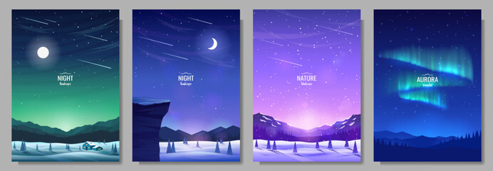 A set of posters with winter landscapes. Aurora over the mountains, night sky, valleys, and forests. Snow drifts, snowfall. Pictures for covers, backgrounds, wallpapers, invitations. Vector images.