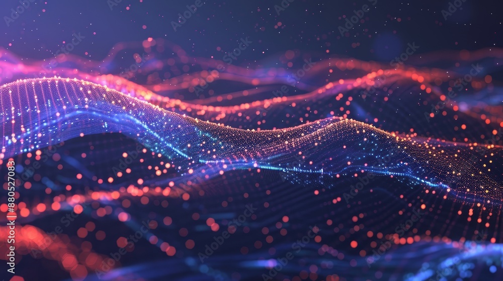 Poster an image of a digital particle wave, a digital cyberspace background