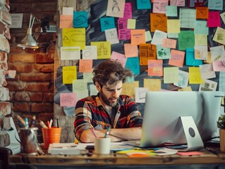 Business strategist using mind maps in a creative workspace, innovative business solutions