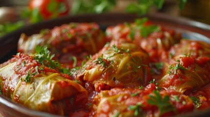 Close-up of delicious stuffed cabbage rolls simmering in homemade tomato sauce