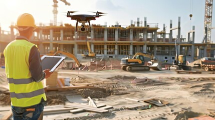 Business strategist with a drone surveying construction site, advanced project management