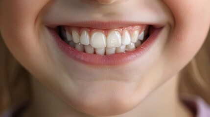 Fototapeta premium Close-up of a smiling child's mouth showing clean white teeth. Dental care and hygiene photography for design and print. Health and wellness concept.