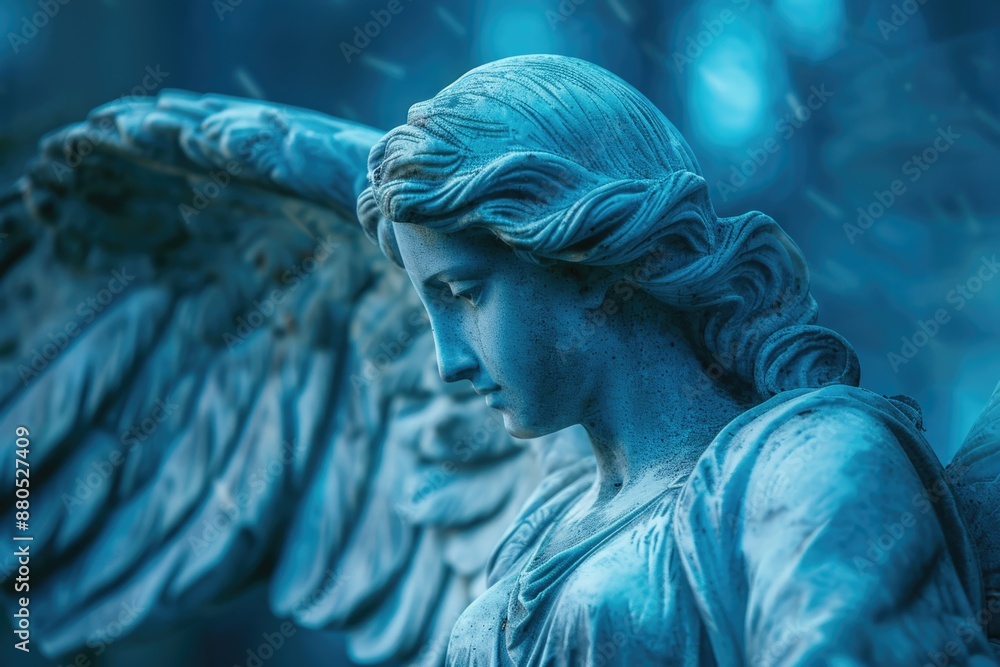 Poster a close-up view of a beautiful statue depicting an angel, great for use in religious or inspirationa