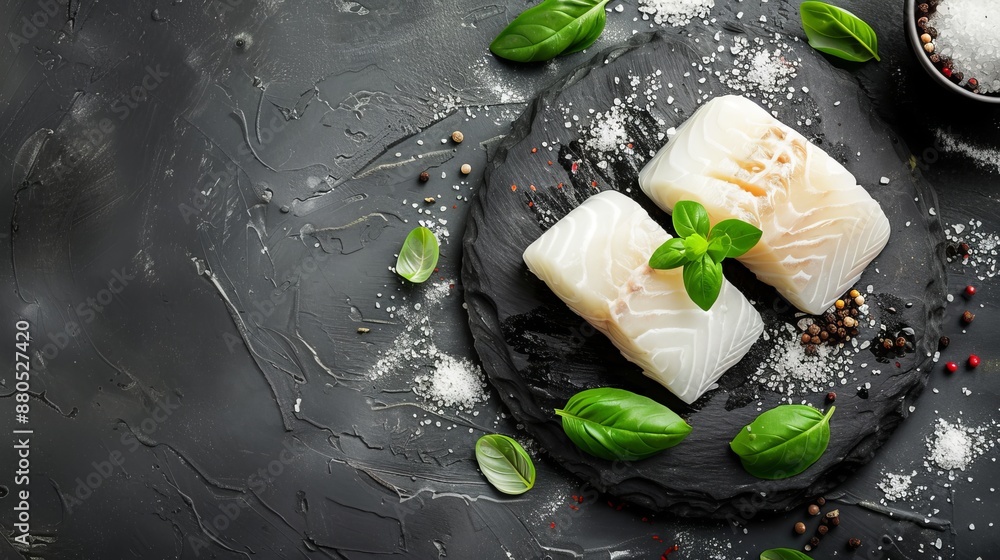 Wall mural Fresh raw cod fillet with basil on a stone plate, top view, horizontal, copy space