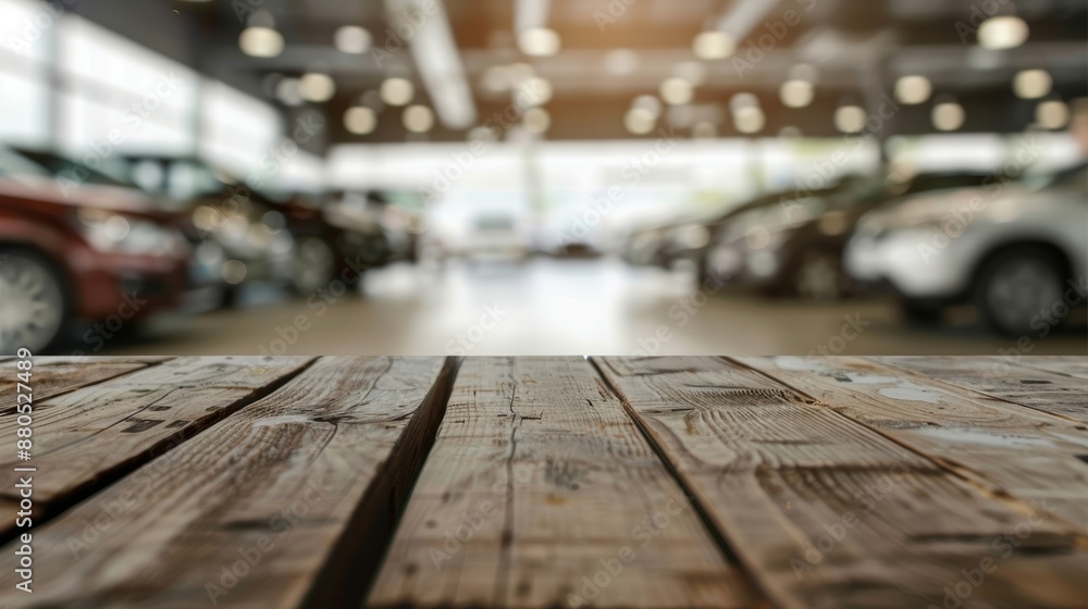 Sticker Defocused background with a blurry wooden tabletop in a showroom