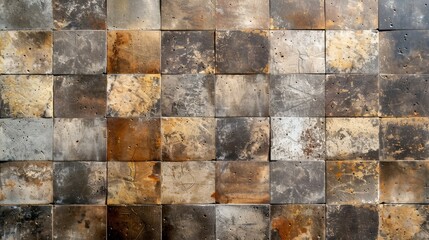 Fototapeta premium The banner background features old brown gray rusty vintage worn shabby patchwork motif tiles on stone concrete cement wall texture.