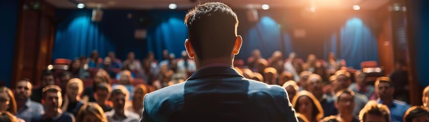 Team leader giving a motivational speech in a corporate auditorium, leadership inspiration