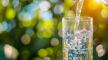 In the background is an abstract background with a bright blue sky and an isolated drinking glass. The image depicts a carbonated refreshing mineral water, surrounded by an abstract background with a