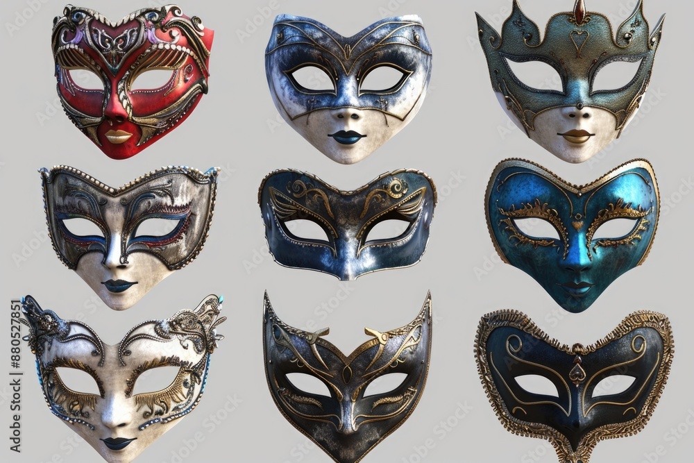 Poster a collection of colorful masks on a plain white background, ideal for use in design projects or as a