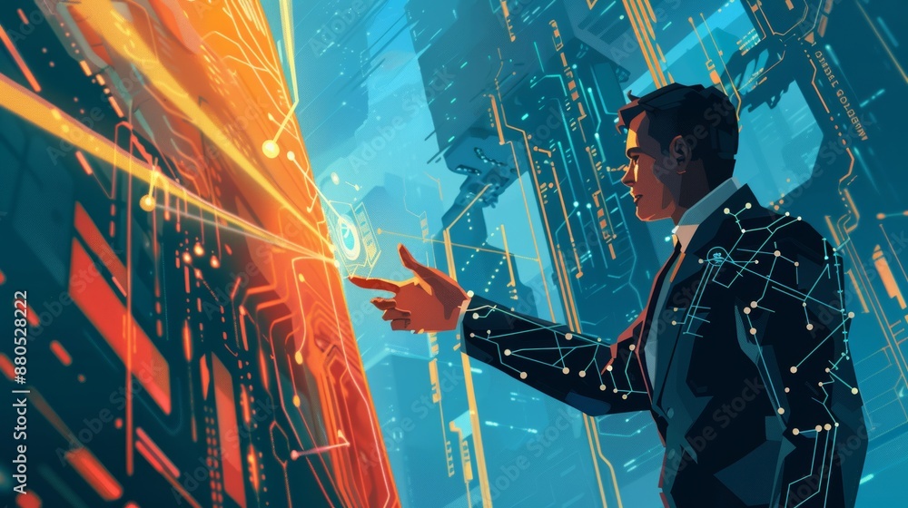 Poster as a result of collaborating with ai algorithms, a businessman fosters innovation in a high-tech env