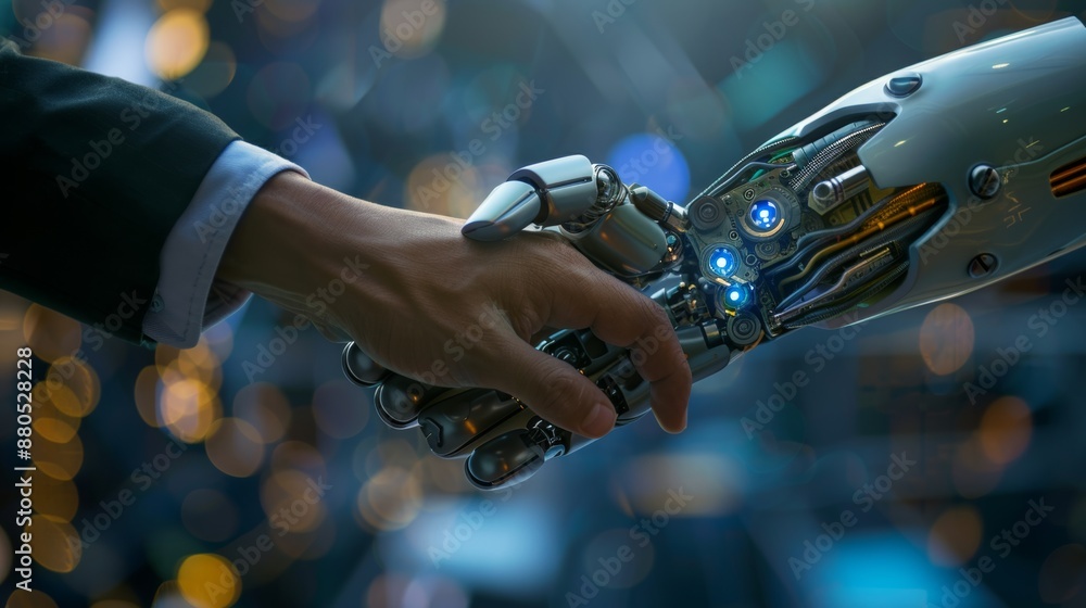 Poster collaboration between a businessman and ai algorithms fosters innovation in a high-tech environment
