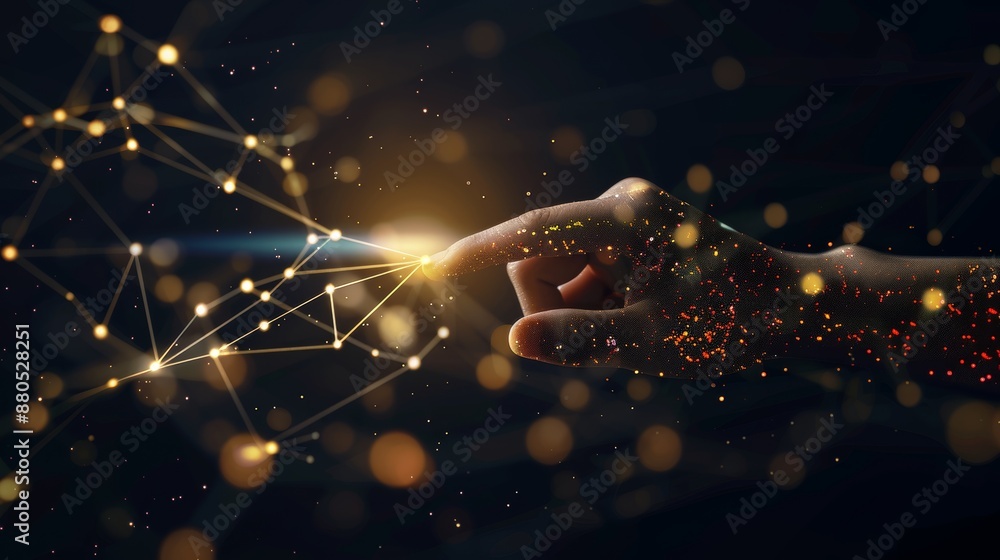 Poster a hand touching light represents a technology network with interconnected lines, symbolizing digital