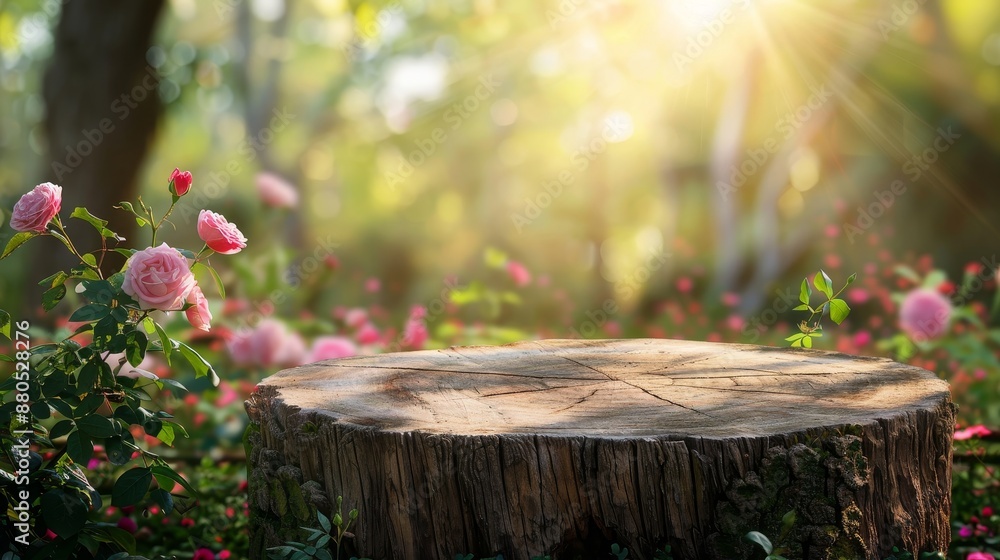 Poster stack of old tree stumps with blurred rose garden background for product display mock up or panorami