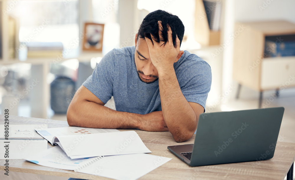 Poster headache, laptop and man with anxiety in home office for remote work, issue or connectivity glitch. 