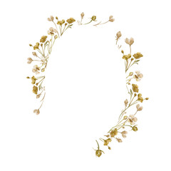 Beige wild flowers in circle frame isolated on white. Monochrome floral wreath in watercolor sepia color. Abstract flowers hand drawn in brown. Design of branding, package, wedding card