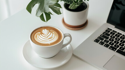 Morning Latte with Laptop and Plant