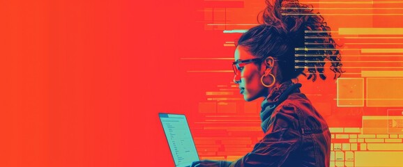 A photo of a person with afro hair coding on a laptop with orange background. AIGZ01