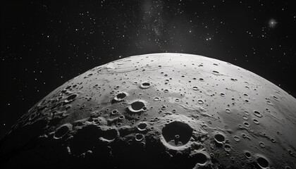 Realistic moon surface and starry space in monochrome colors.