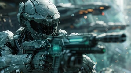 Fototapeta premium Futuristic Soldier with Modern Tech Weapons