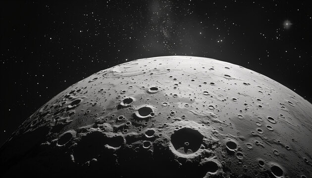 Realistic moon surface and starry space in monochrome colors.
