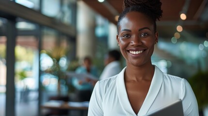 Fototapeta premium This portrait depicts a smiling confident young black businesswoman holding a digital tablet in her hand as she looks at a camera with her colleague at the background.