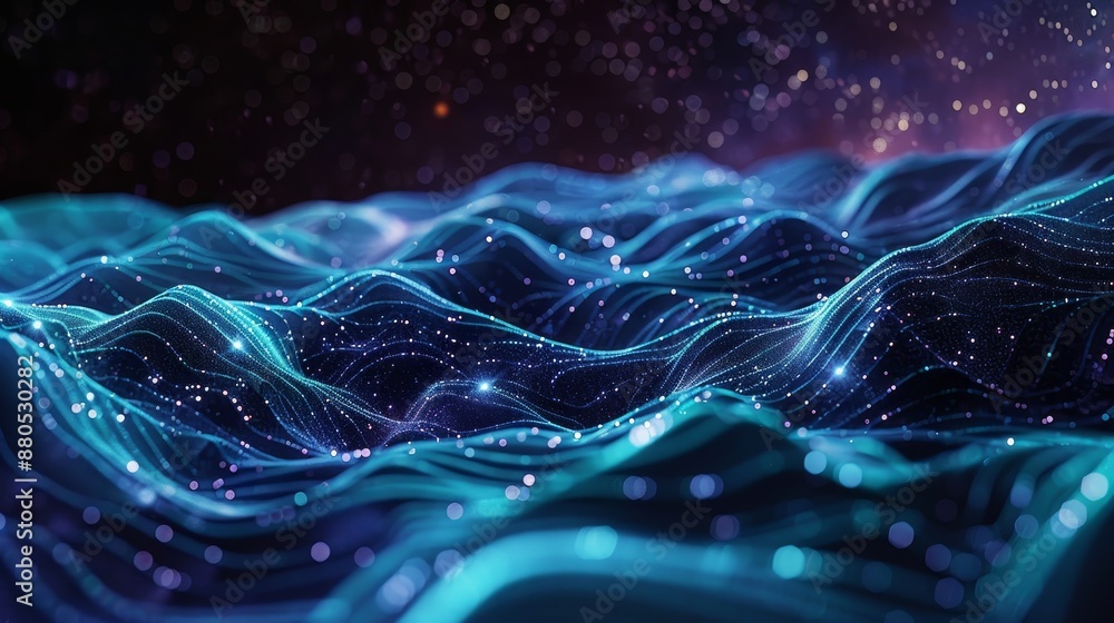 Poster a 3d illustration of an abstract landscape against a dark background. a cyberspace grid. a high-tech