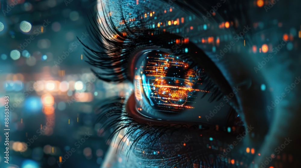 Poster hacker or ai robot eye in dark tech space, cyborg vision on digital background. concept of cyber sec